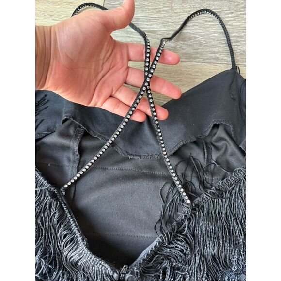 Vintage Inspired Black Fringe Maxi evening Gown With Rhinestone Straps - Picture 7 of 12